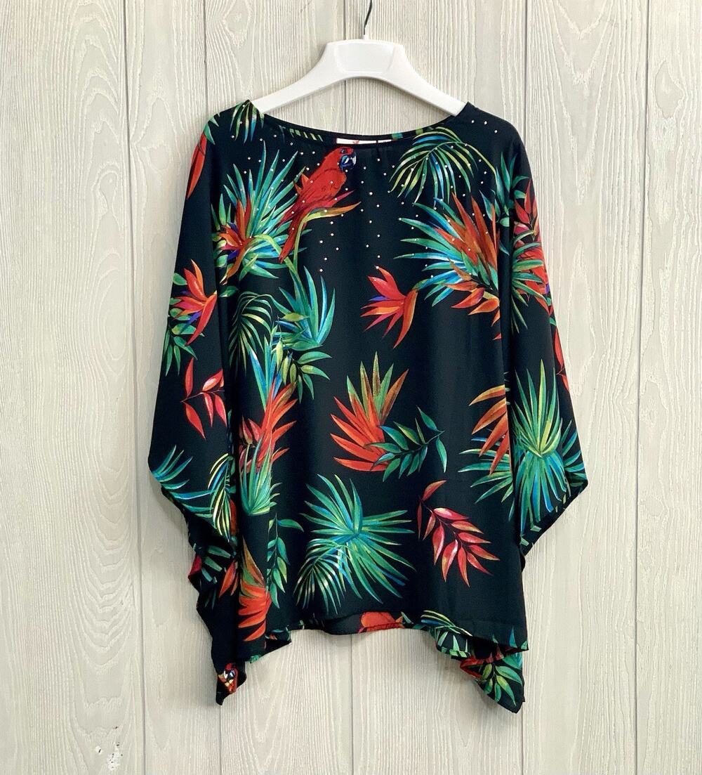 Quacker Factory Black Tropical Parrot Embellished Caftan Top Blouse Medium NWT
